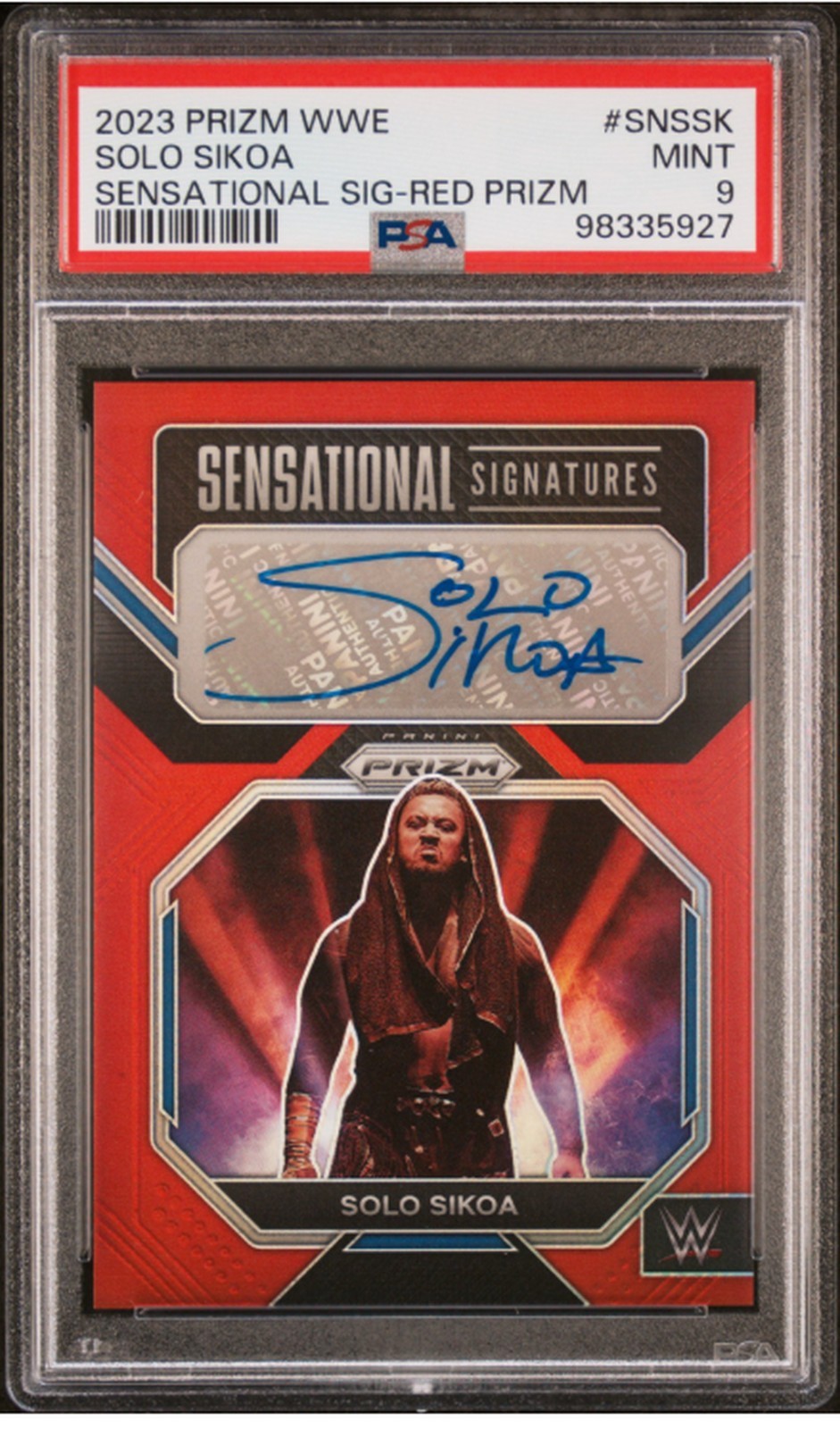 2023 Prizm WWE Solo Sikoa Sensational Signatures Auto Red Prizm 32/99 PSA 9