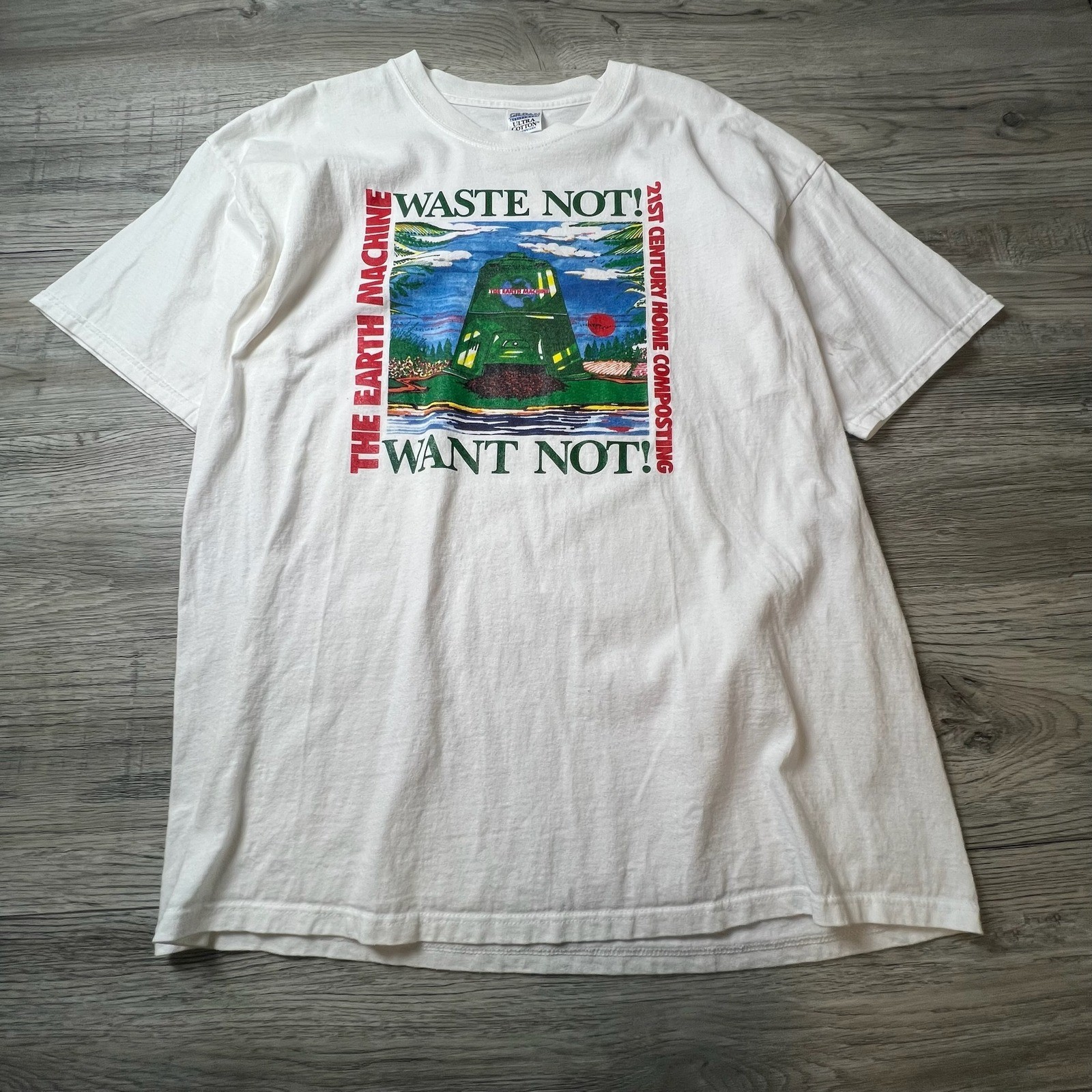 Gildan Earth Machine T Shirt Mens XL White Compost Graphic Eco Friendly Vintage