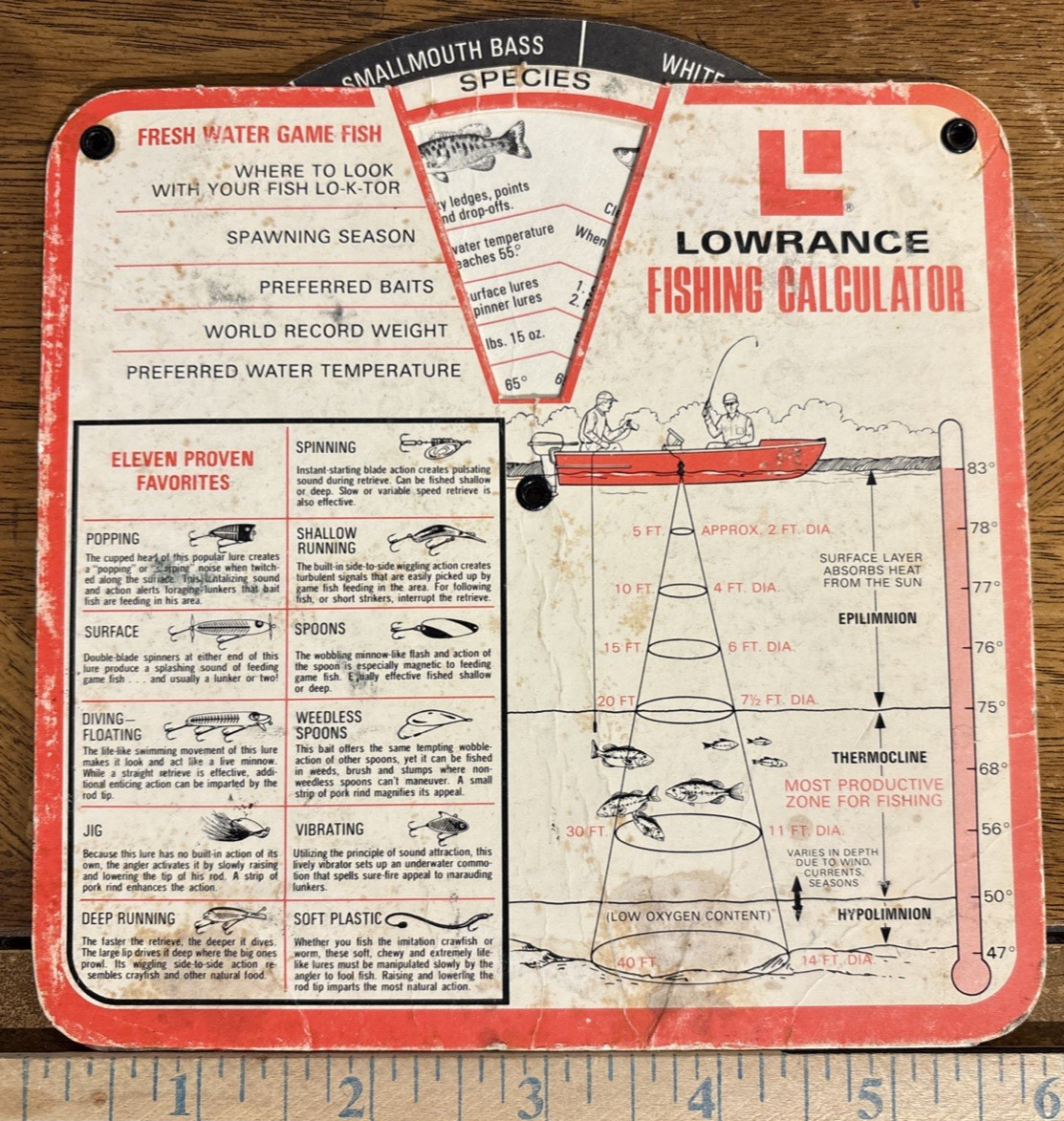 Vintage 1972 Lowrance Fishing Calculator & Sonar Signal Interpretation Chart