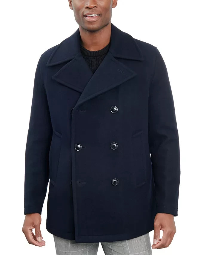 $350 London Fog Men\'s Navy Double Breasted Wool Peacoat Overcoat 46 R pau1526