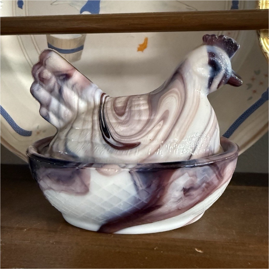 vintage purple and white (amethyst slag) glass hen on nest covered dish vintage purple and white (amethyst slag) glass hen on nest covered dish