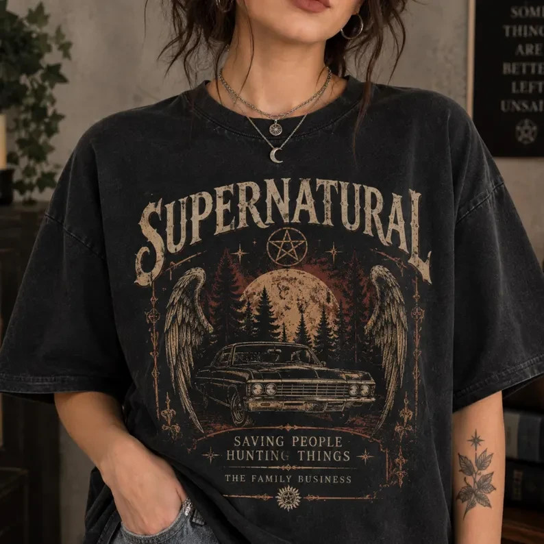 Vintage Paranormal Hunter Graphic Tee, Gothic Angel Wings Car Shirt, Supernatura