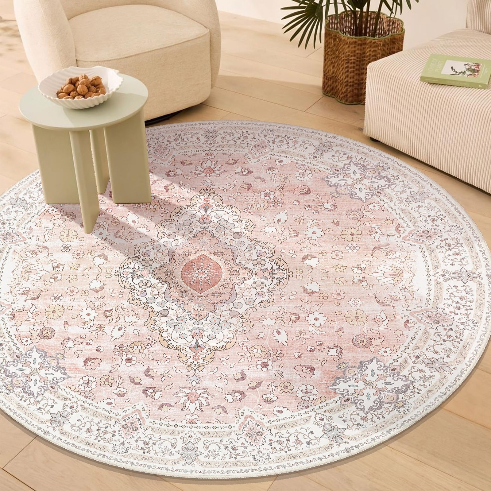 Brakki Pink Round Rug 5x5 Bedroom, Washable Area Rug Living Room BR-AR03-PK-5x5