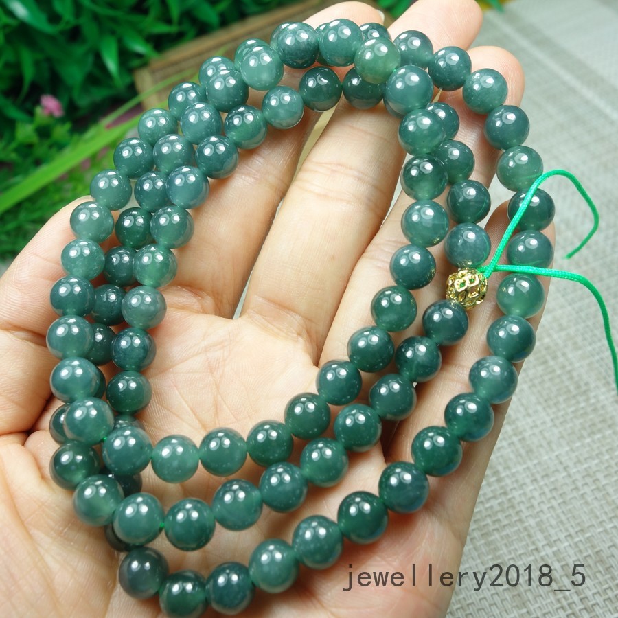 Certified Icy Blue Green 100% Natural A jadeite Jade Beads Necklace 项链 26inches