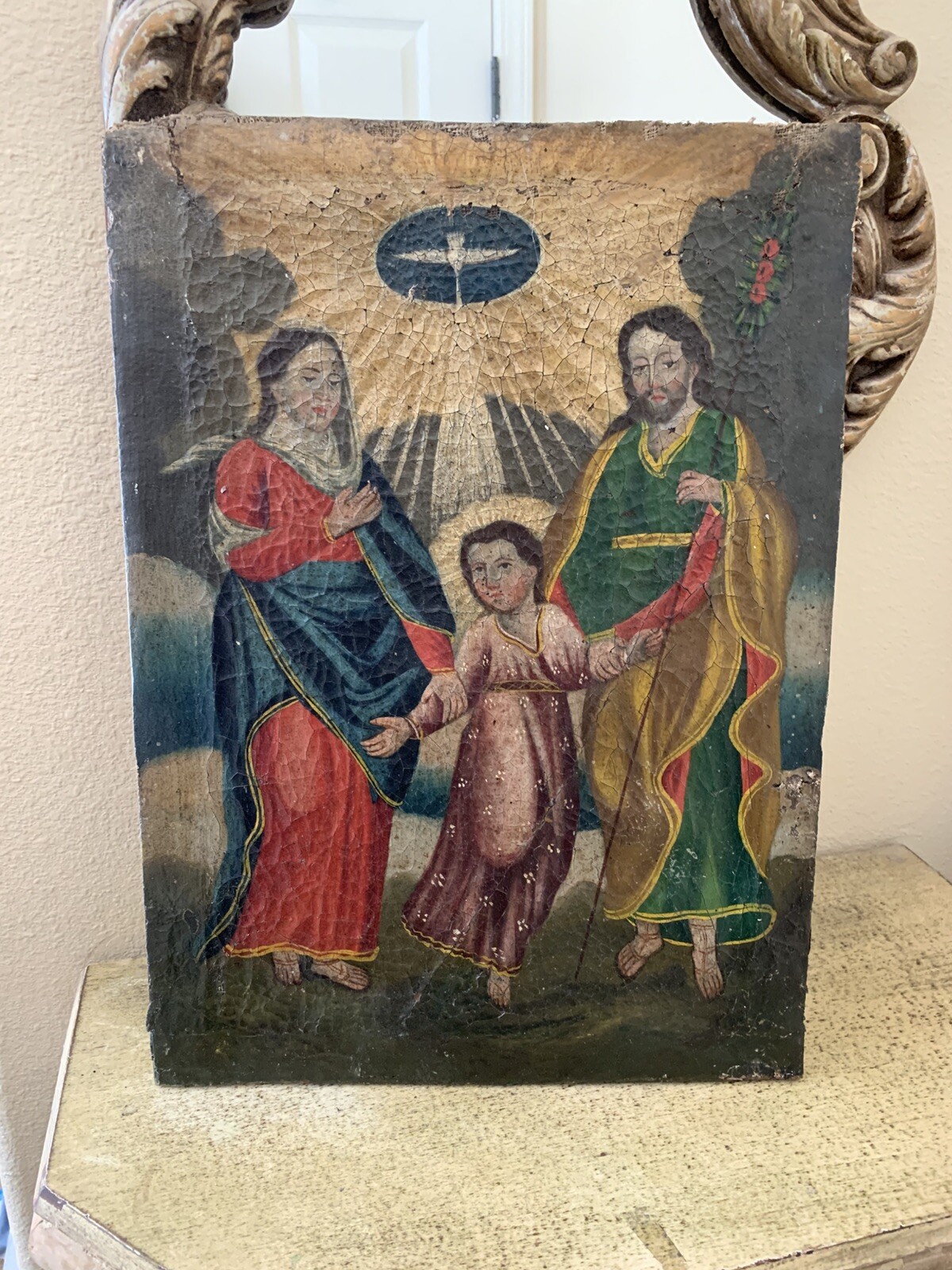 Early 19th Century Spanish Colonial Antique  Oil Painting Of The Holy Family