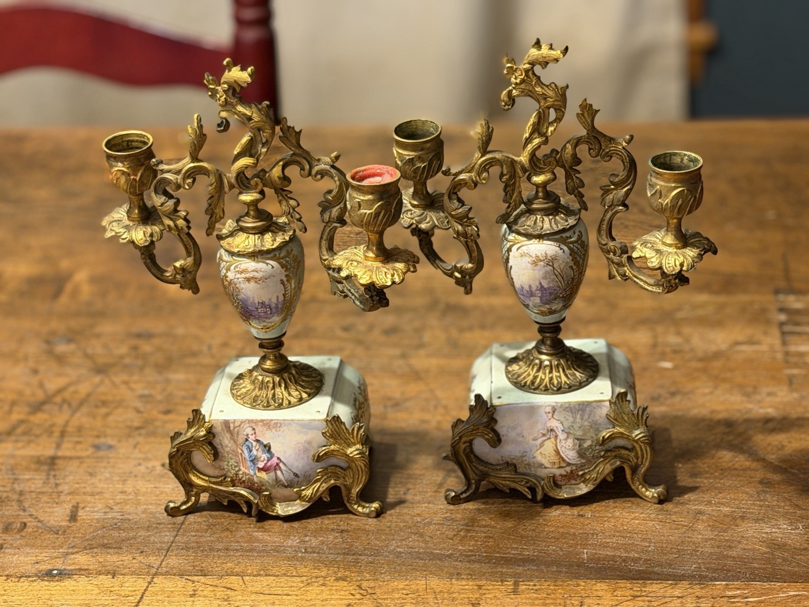 Antique Pair  of Beautiful French Sevres Style Portrait Porcelain Candlesticks