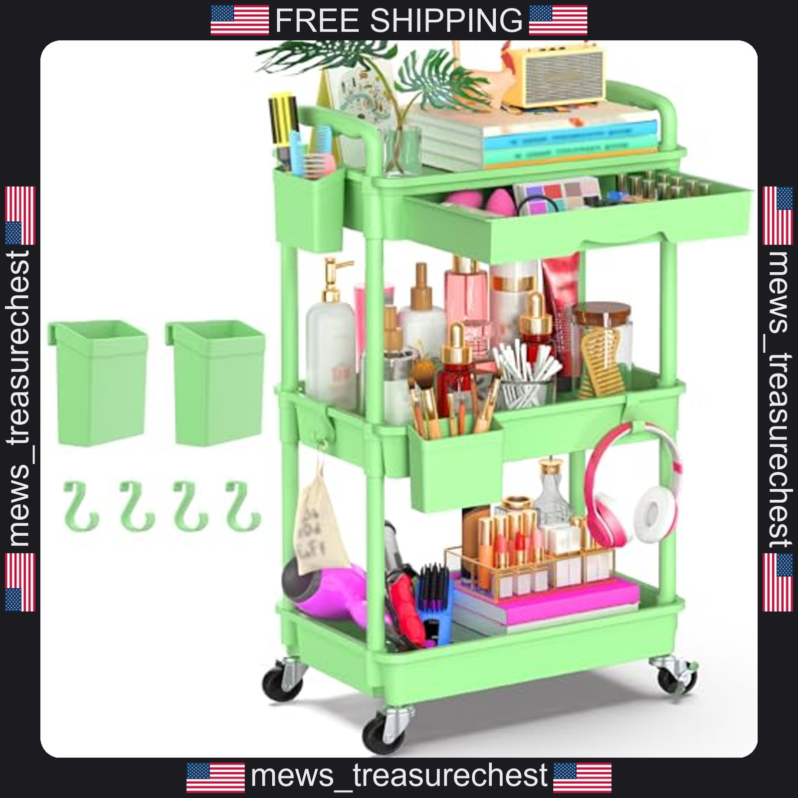 Plastic 3-Tier Rolling Utility Cart with Removable Drawer and Lockable Wheels