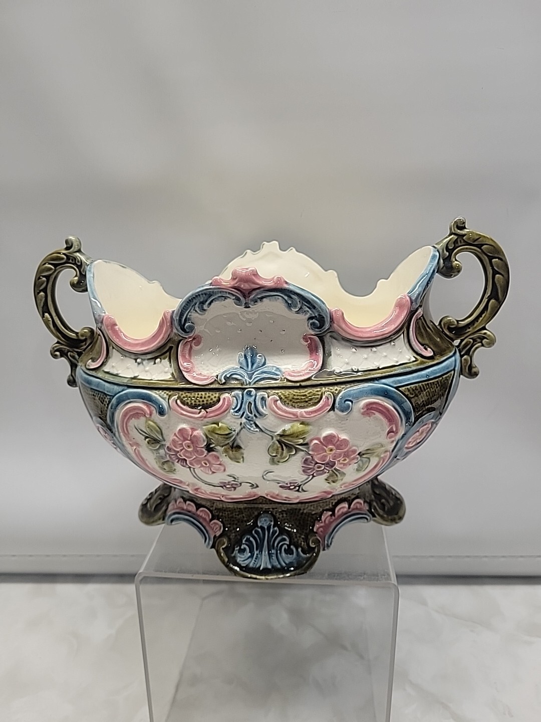 Antique French Majolica Barboine Floral Molded Planter/Jardiniere Art Nouveau  