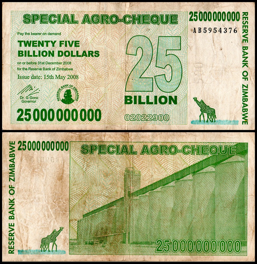 Zimbabwe 25 Billion Dollars Special Agro Cheque, 2008, P-62, Used