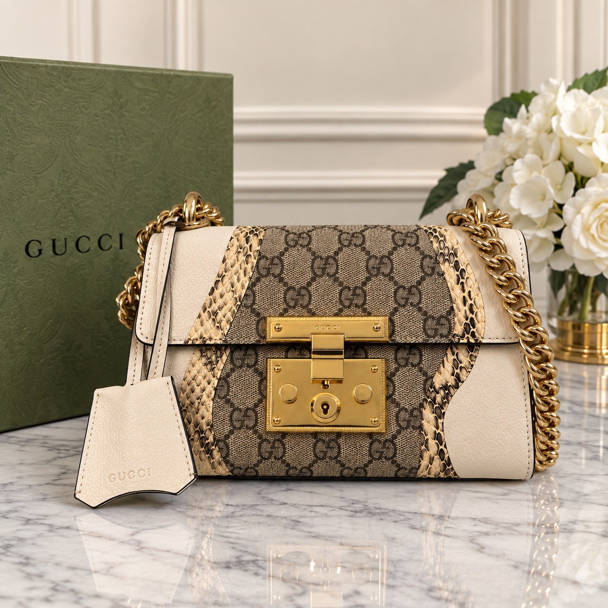 Authentic Gucci Padlock GG Supreme Snakeskin Ivory Chain Shoulder Bag 432182 