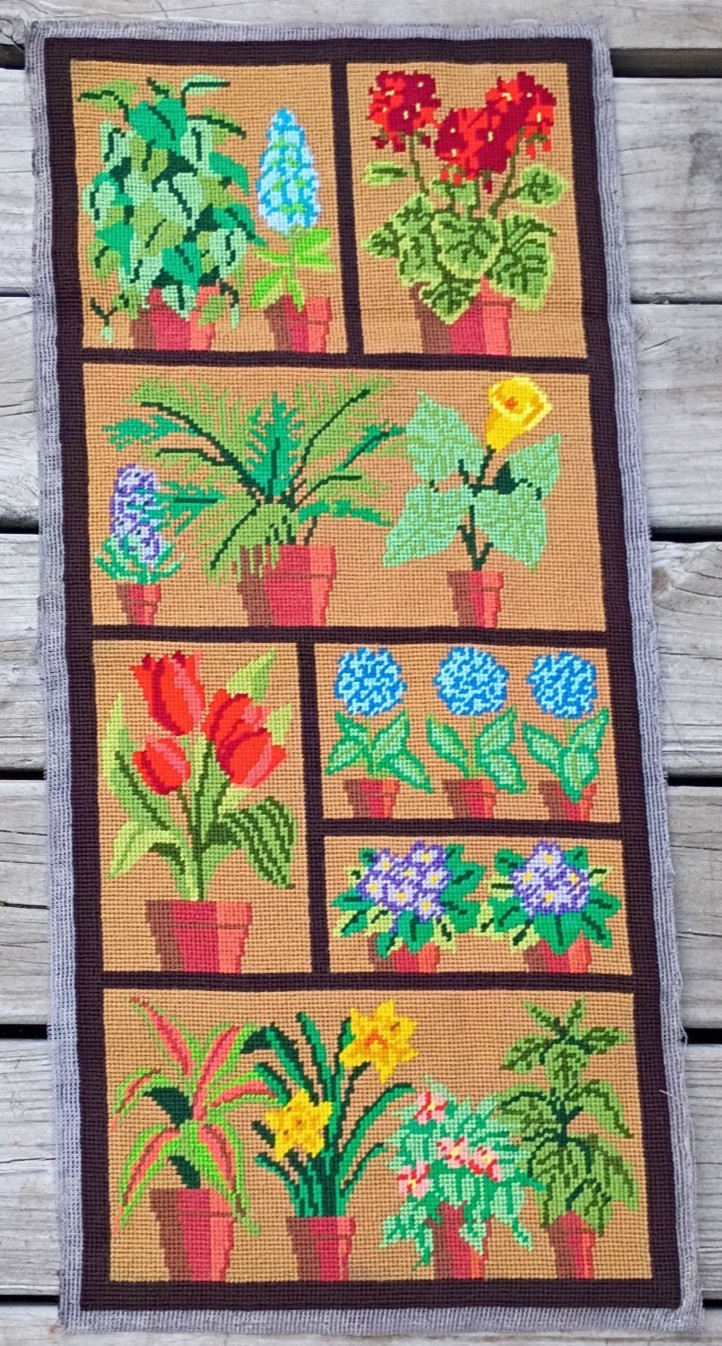 Vintage hand stitched Needlepoint Wall hanging, potted plants, 70s, boho, Size Vintage hand stitched Needlepoint Wall hanging, potted plants, 70s, boho, Size