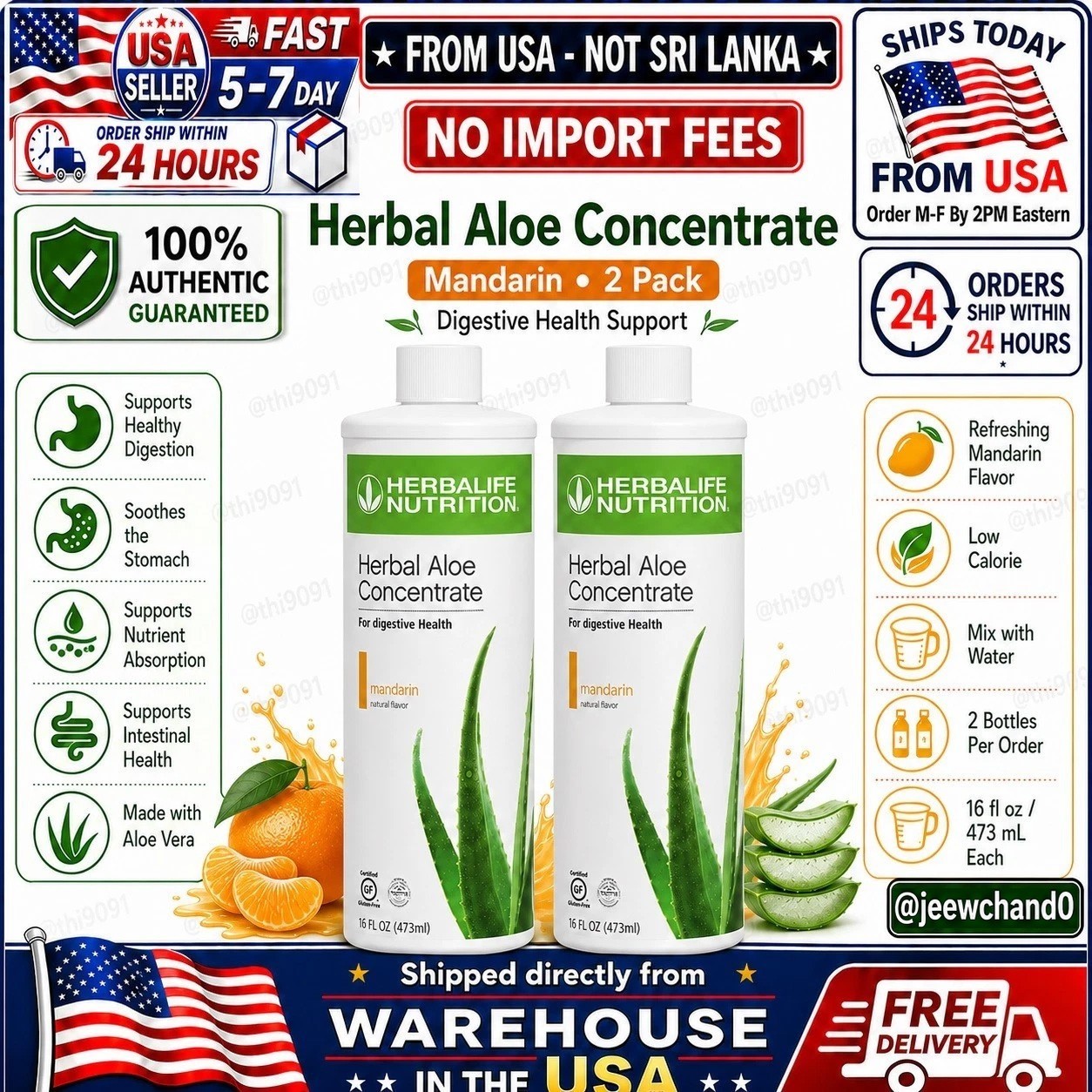 2x Herbalife Herbal Aloe Concentrate Mandarin Pint Aloe Vera 16 fl oz🚚FromUSA🚚