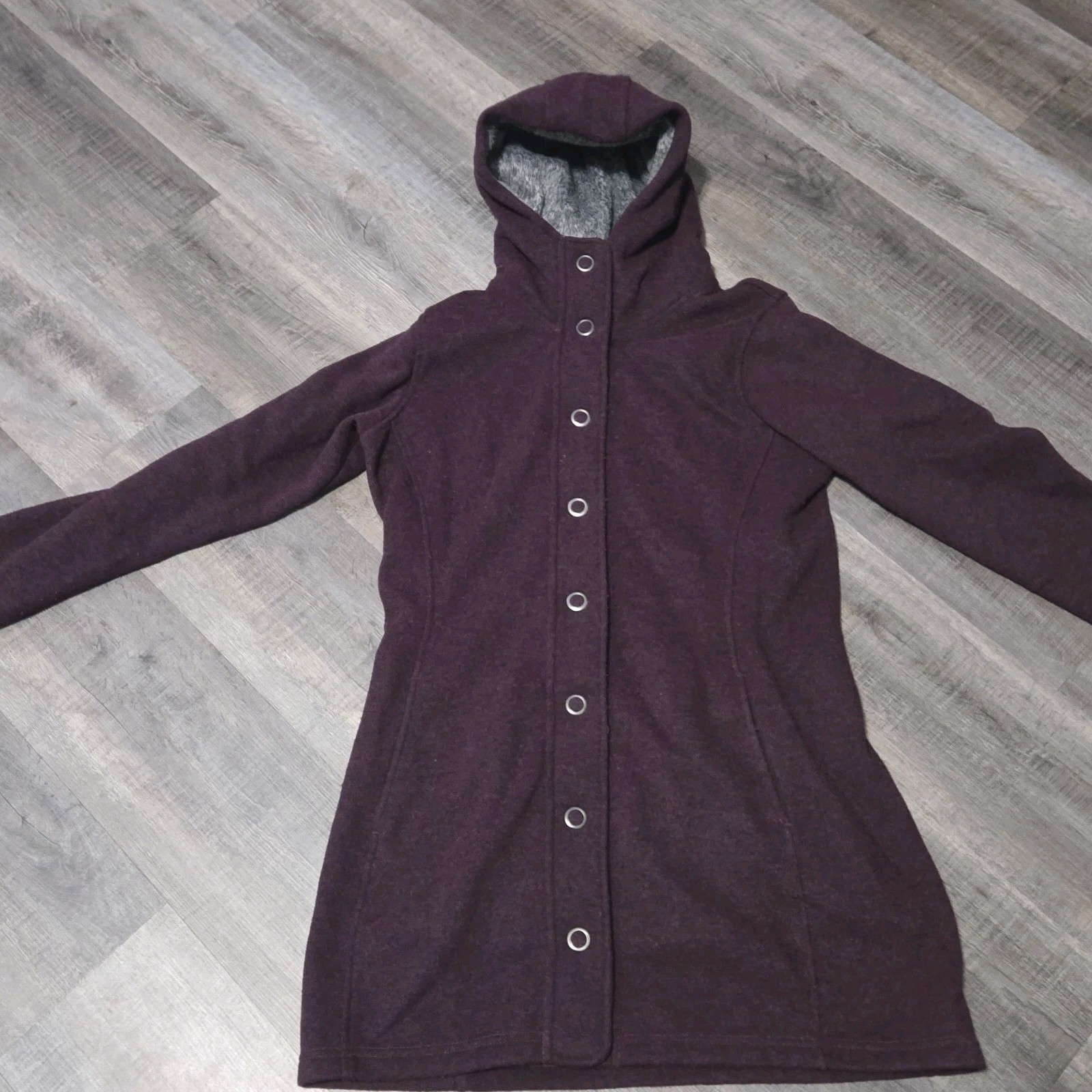 KUHL Women\'s Medium Mid Length Coat Plum Lighter Weight Snap Front Hooded EUC