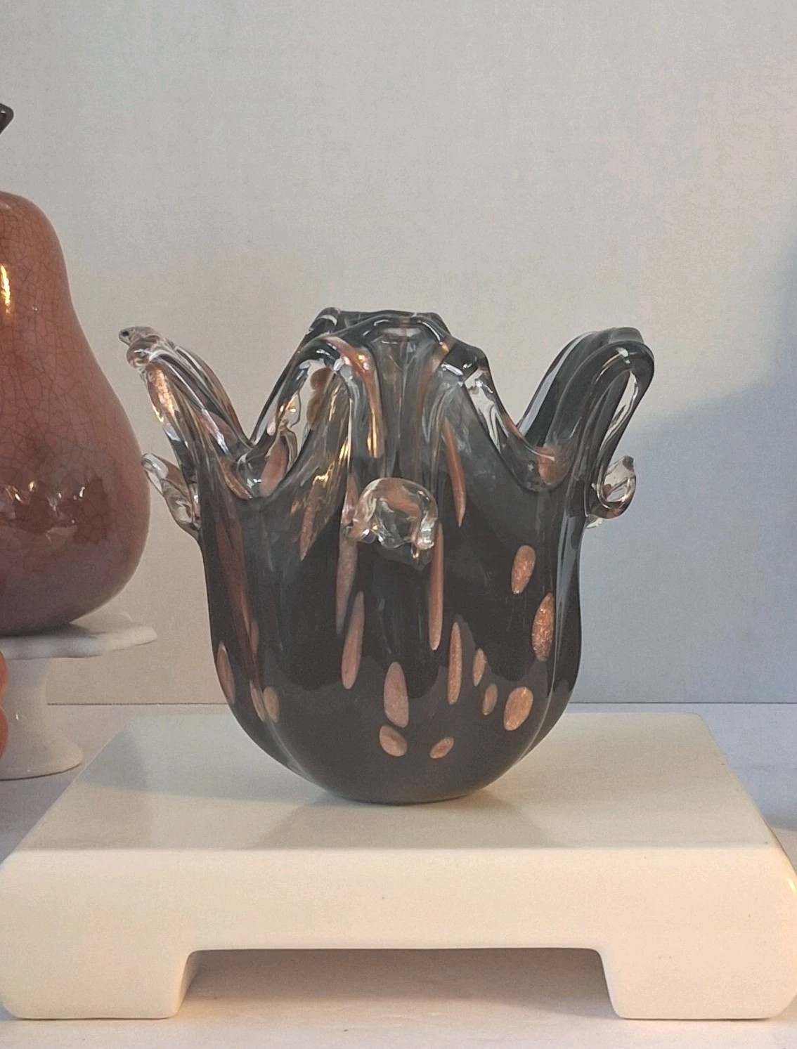 Vtg Hand Blown Art Glass Handkerchief Vase Black Smoky Copper Aventurine Flakes