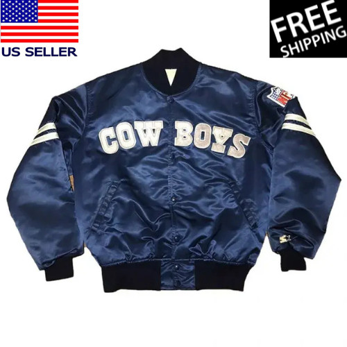 1990’s Dallas Cowboys Full-Snap Navy Blue Satin Varsity Bomber Football Jacket