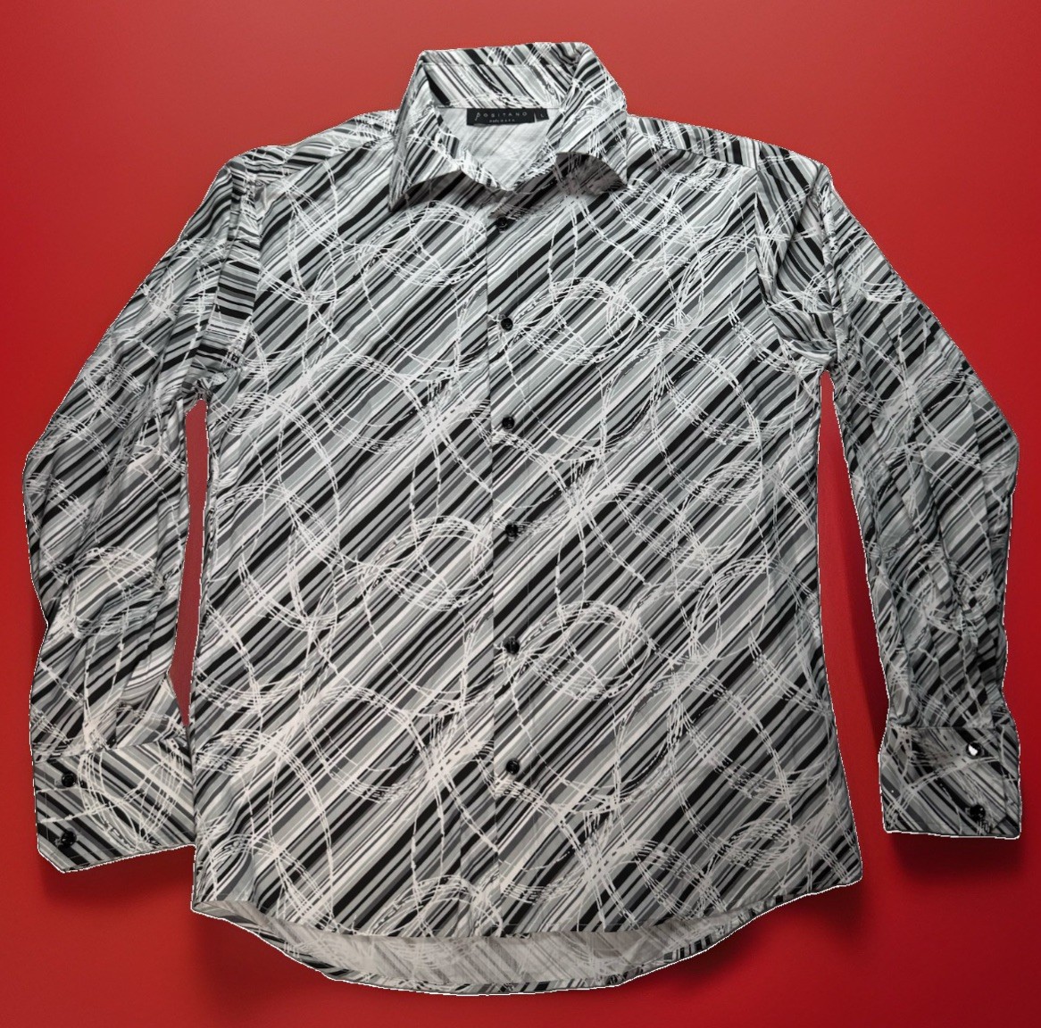 VTG 90s Positano Shirt Club/Disco/Rave Mens L White Geometric/Abstract Y2K USA