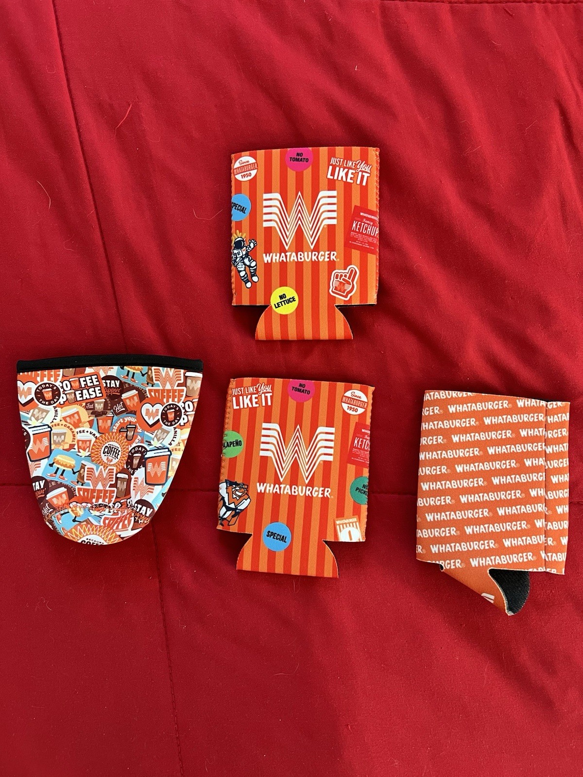 WHATABURGER Lot of 4 KOOZIE ORANGE NEW BEER DRINK SODA CAN Coffee INSULATED