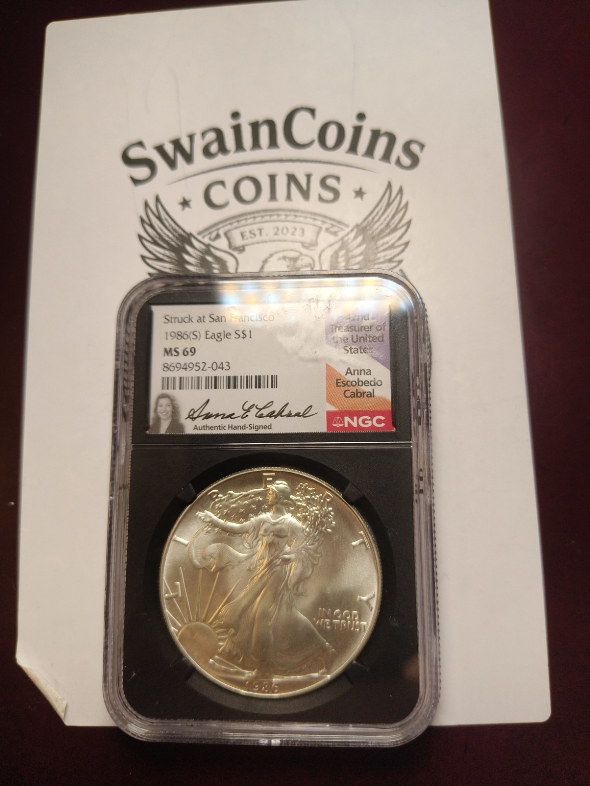1986 (S) American Silver Eagle  Signed By Anna Cabral NGC MS69 E20-23