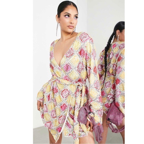 NWT ASOS embellished belted wrap mini dress in diamond sequin Size US 2