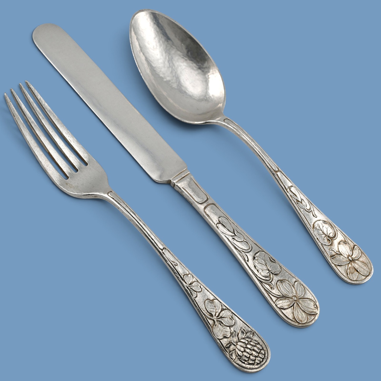 Rare 3pc Gorham Martele Sterling Silver Art Nouveau Youth Set Fork Knife Spoon