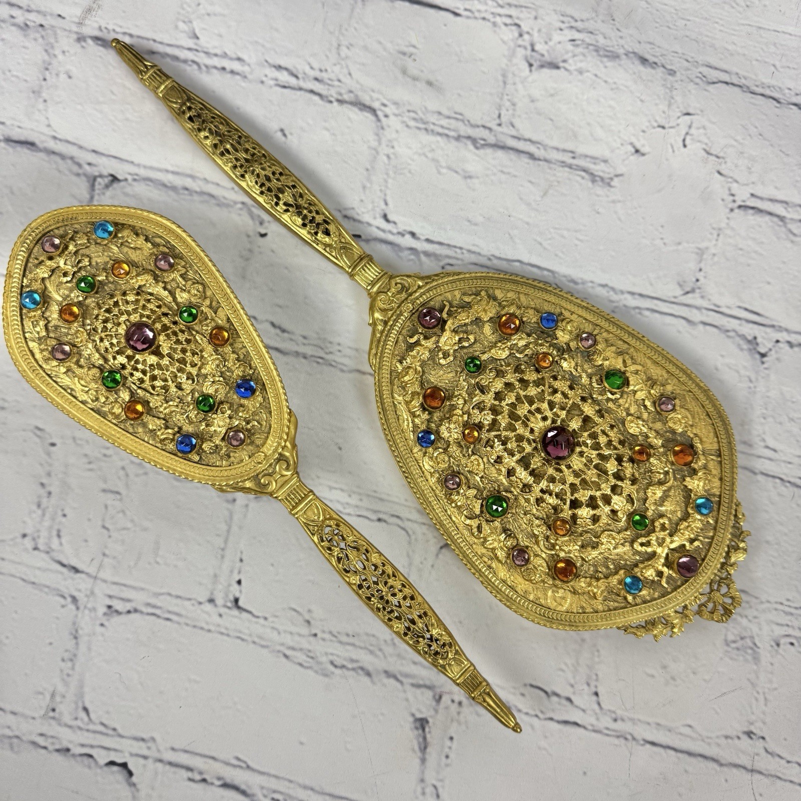 Antique 1920s Jeweled Ormolu Filigree Vanity Brush Mirror Set Boudoir Chic