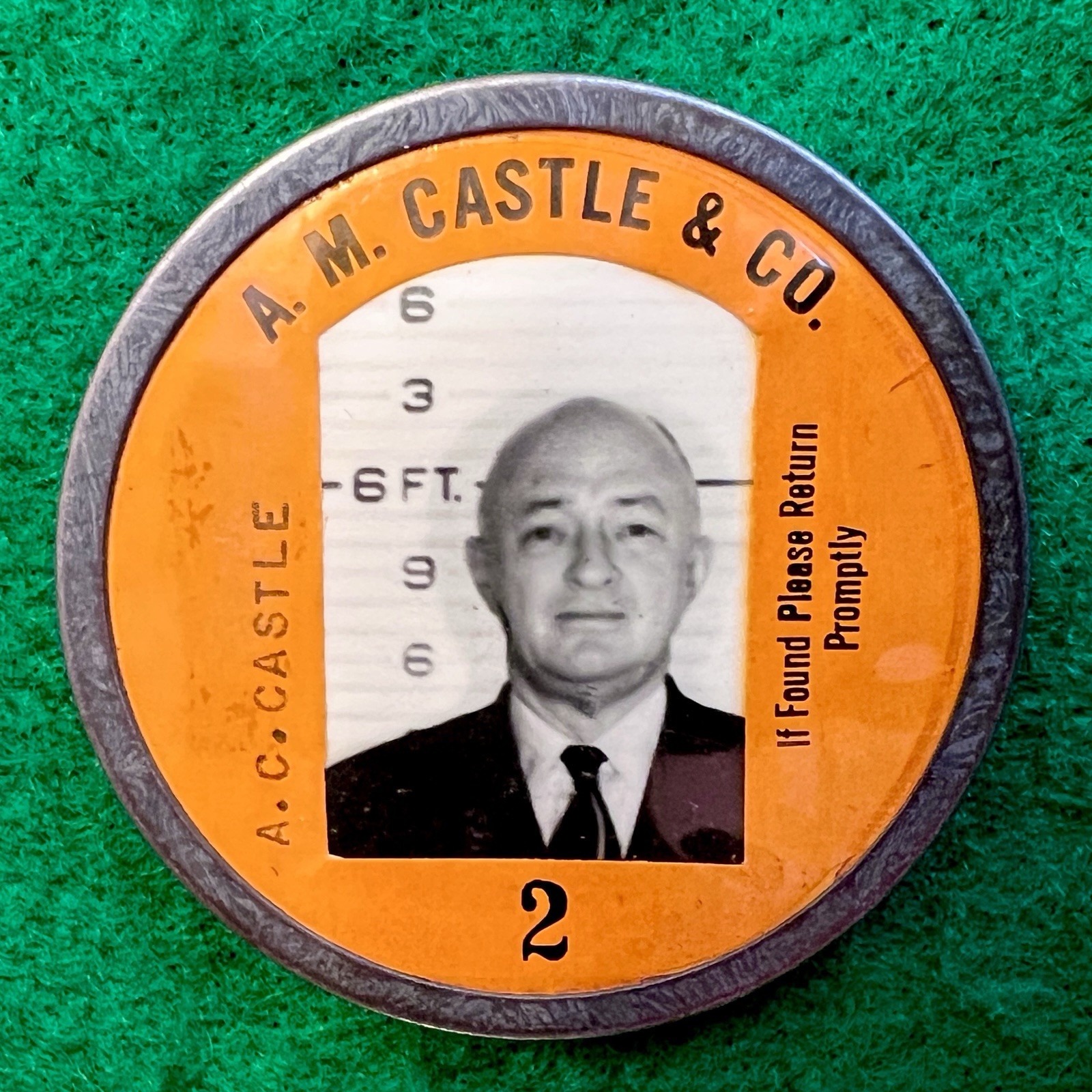 Antique 1930s A.M. CASTLE & Co Vernacular EMPLOYEE PHOTO ID BADGE Pin EXECUTIVE