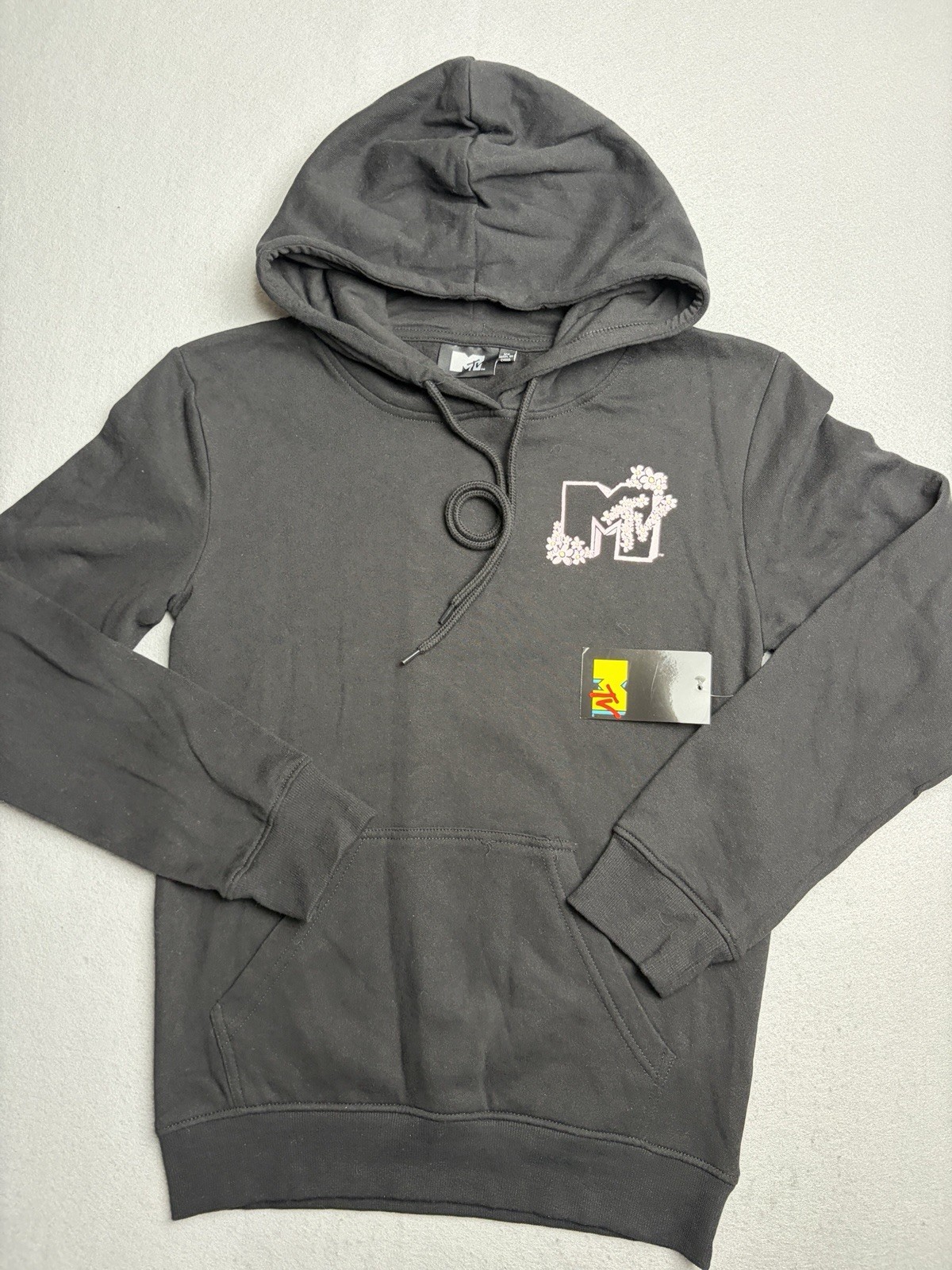 MTV Floral Logo Pullover Hoodie Fleece Black Women’s Size XS NWT