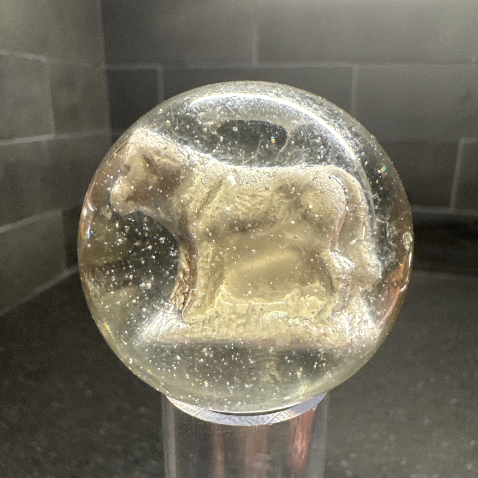 ANTIQUE VINTAGE GERMAN SULPHIDE SULFIDE GLASS MARBLE with COW, CALF, MULE? 1.75 ANTIQUE VINTAGE GERMAN SULPHIDE SULFIDE GLASS MARBLE with COW, CALF, MULE? 1.75