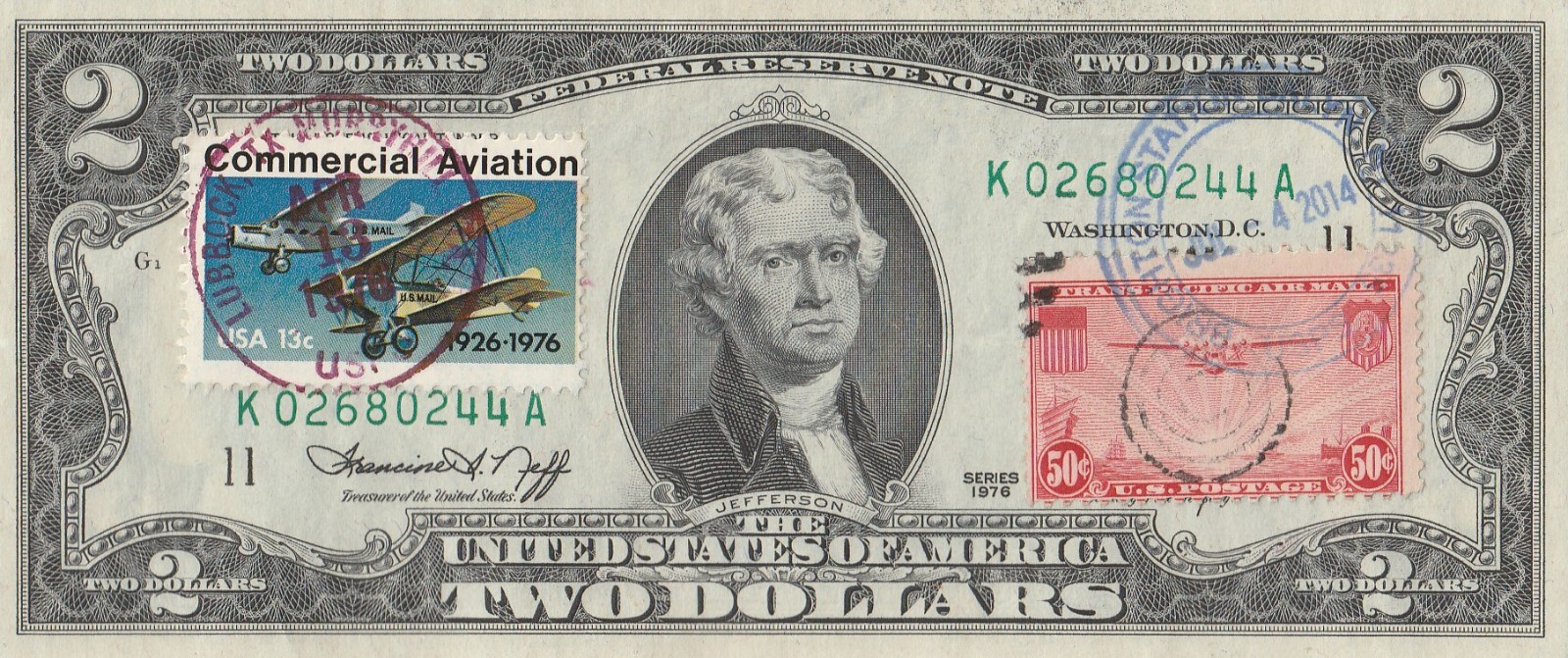 $2 bill 1976  American commercial aviation
