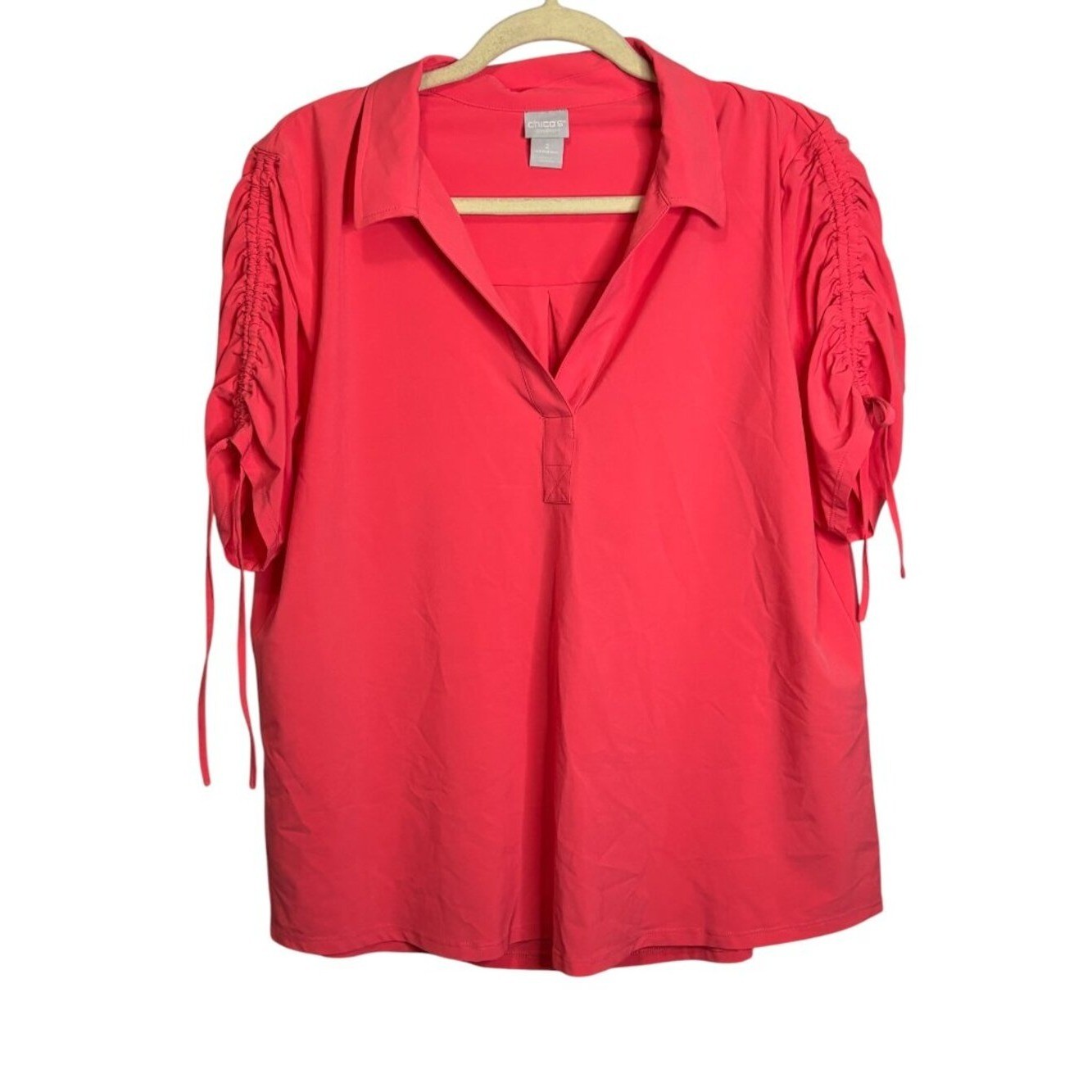 Chico\'s Blouse Women\'s Large Zenergy Ruched Sleeves Casual Coral Pink Chicos 2 Chico\'s Blouse Women\'s Large Zenergy Ruched Sleeves Casual Coral Pink Chicos 2