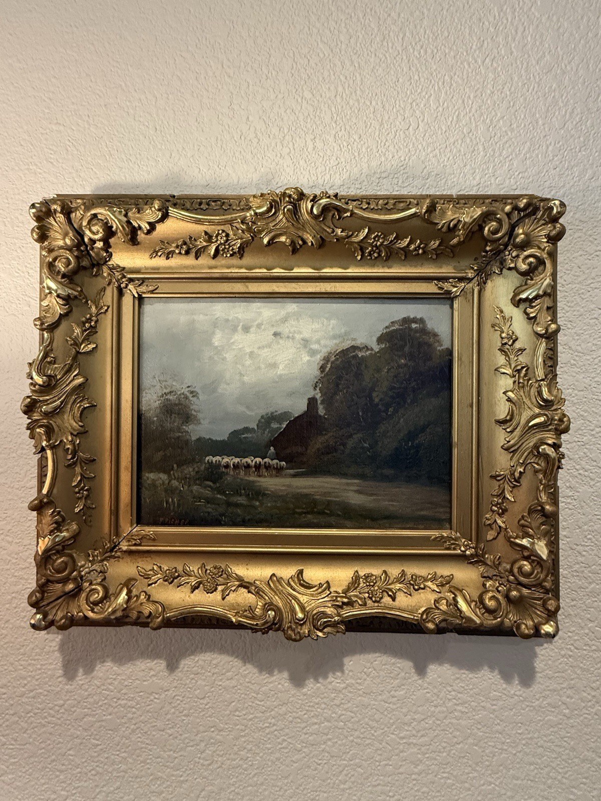 Old World Charm Antique Signed Sheep Oil Painting Ornate Gilt Frame 19x16