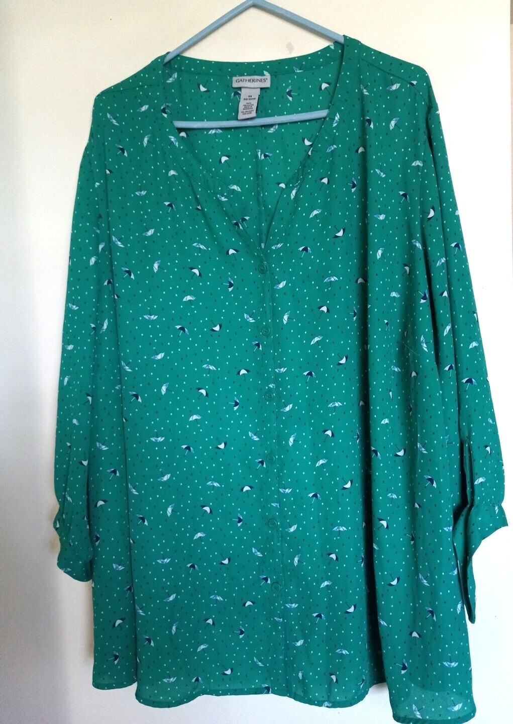 Catherines Blouse Women Size 4X Button Up Green Umbrella Prints Long Sleeve