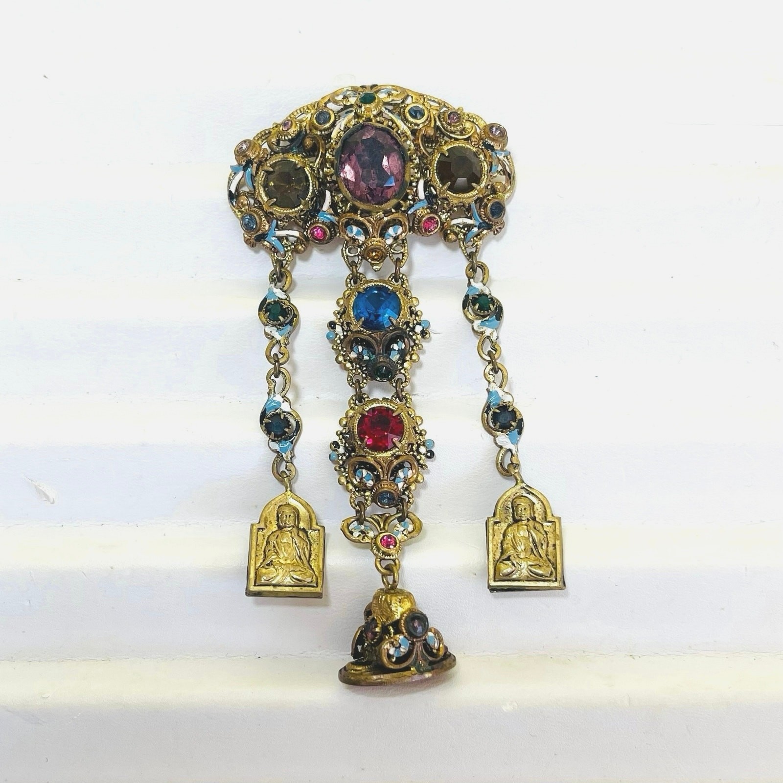 Antiq Art Deco Czech Brooch Austro-Hungarian Buddha Neiger Charms Gilt Pin