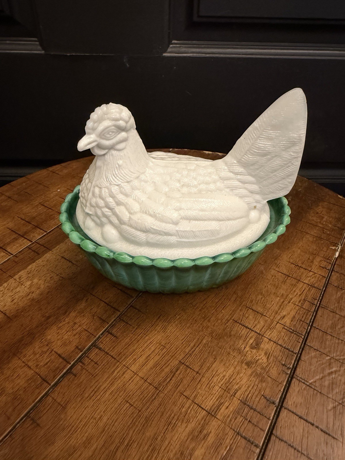 RARE Vintage Hen on Nest Westmoreland Green Slag Swirl base and milk glass hen RARE Vintage Hen on Nest Westmoreland Green Slag Swirl base and milk glass hen