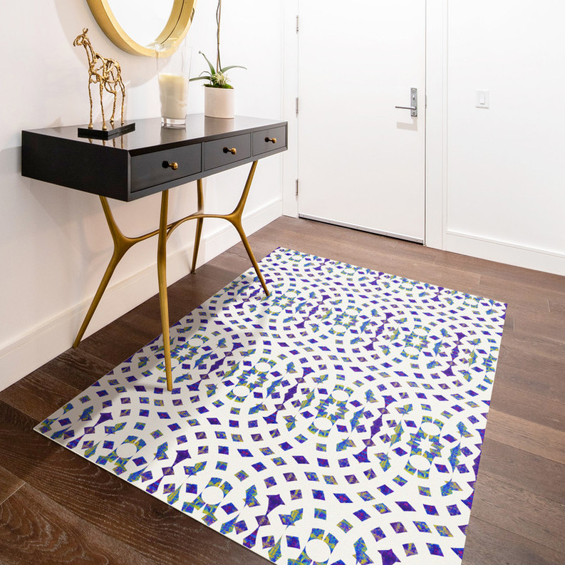 \'Stained Glass\' Multi-Color Mosaic Non-Slip Indoor/Outdoor Rug Blue/Yellow