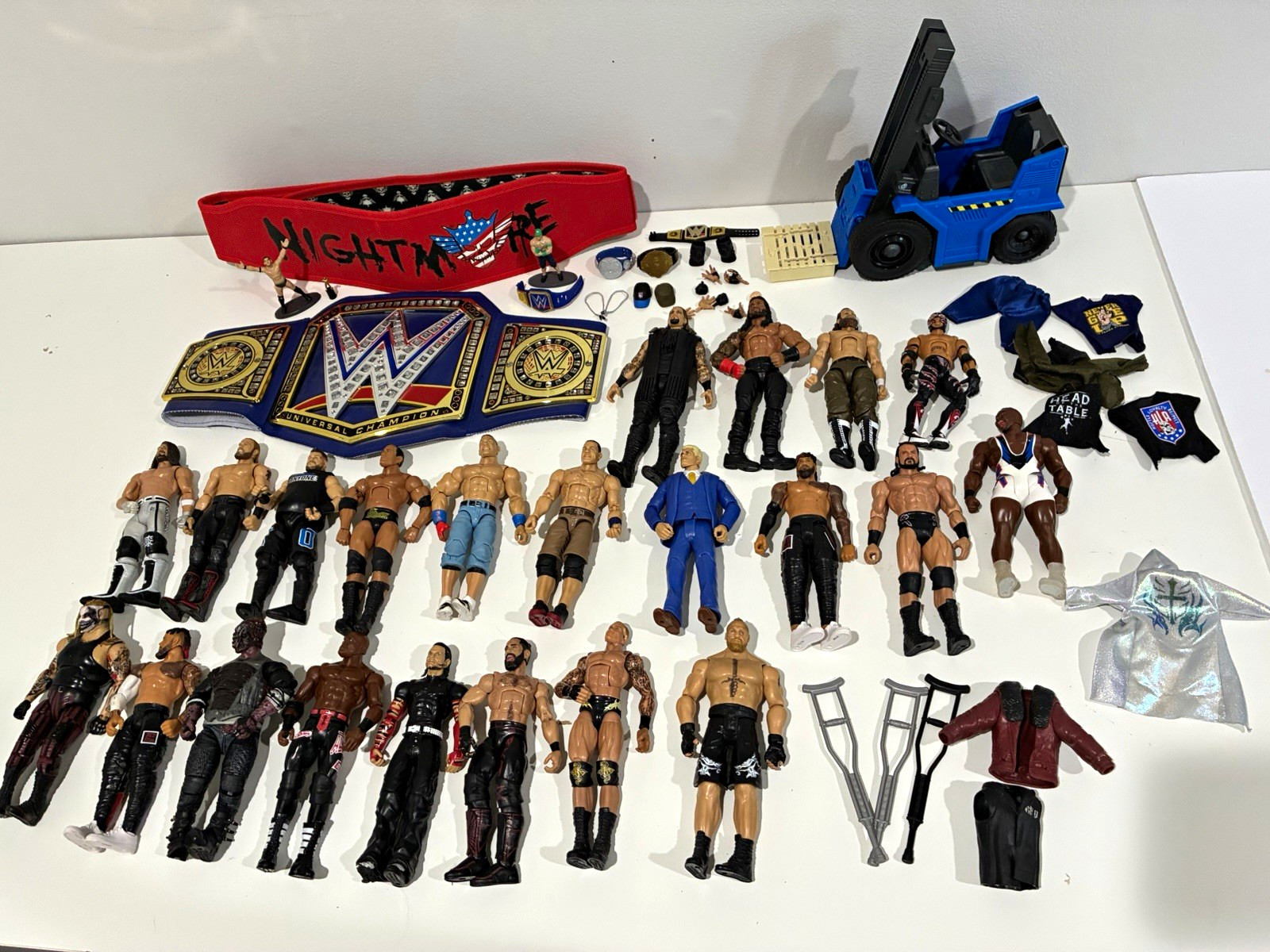 Huge WWE Action Figures Lot of 23 - Accessories, Toy Belt, Wrekkin Forklift