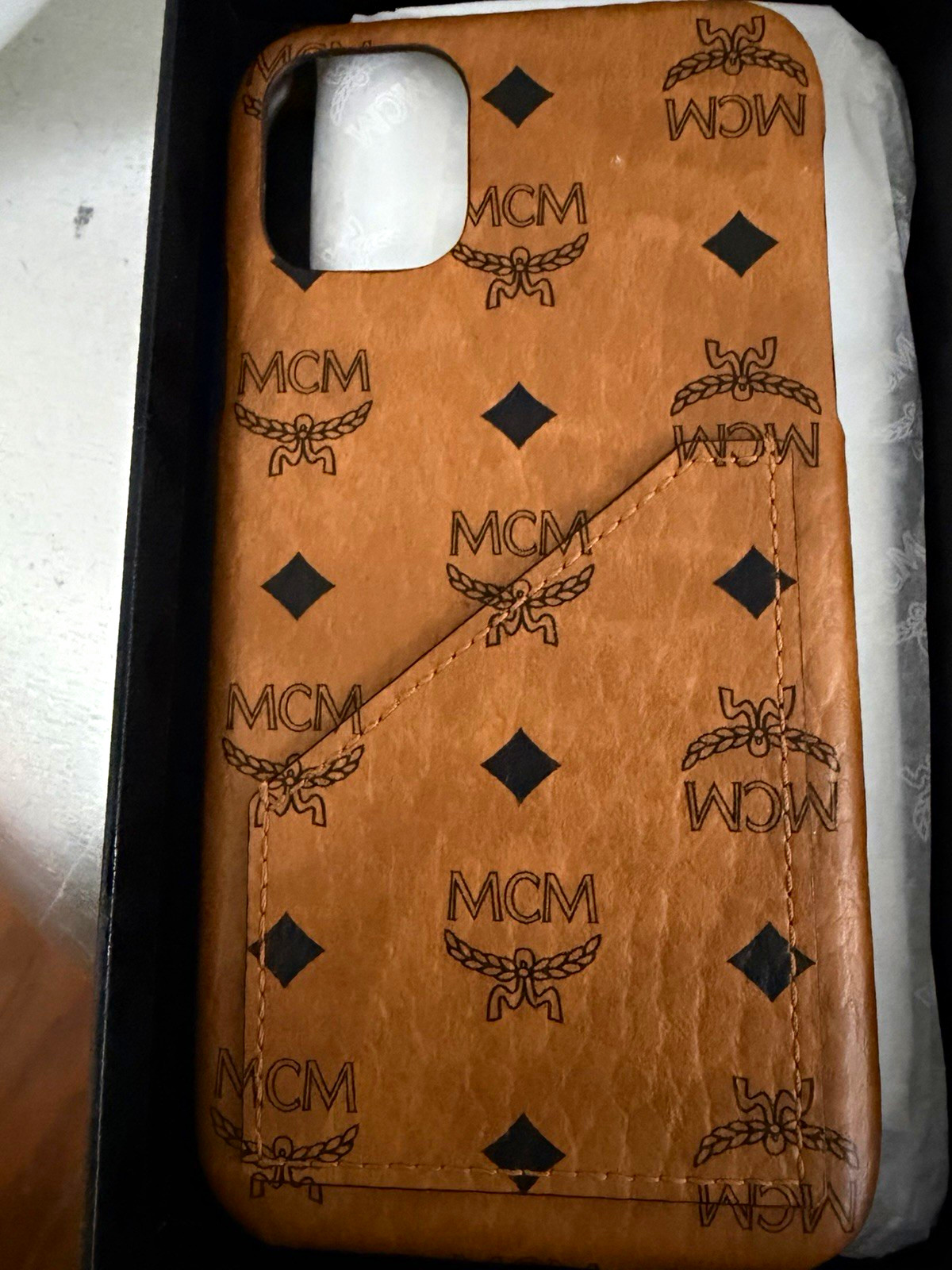 MCM Brown Leather Logo Back Case for Apple iPhone 11 w/ Card Pocket MCM Brown Leather Logo Back Case for Apple iPhone 11 w/ Card Pocket