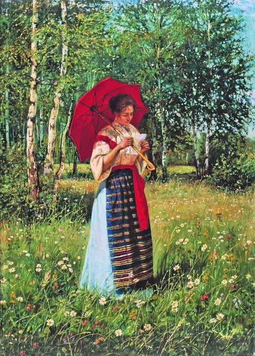 Oil painting Nikolay+Bogdanov+Belsky-Reading+A+Letter lady woman in landscape
