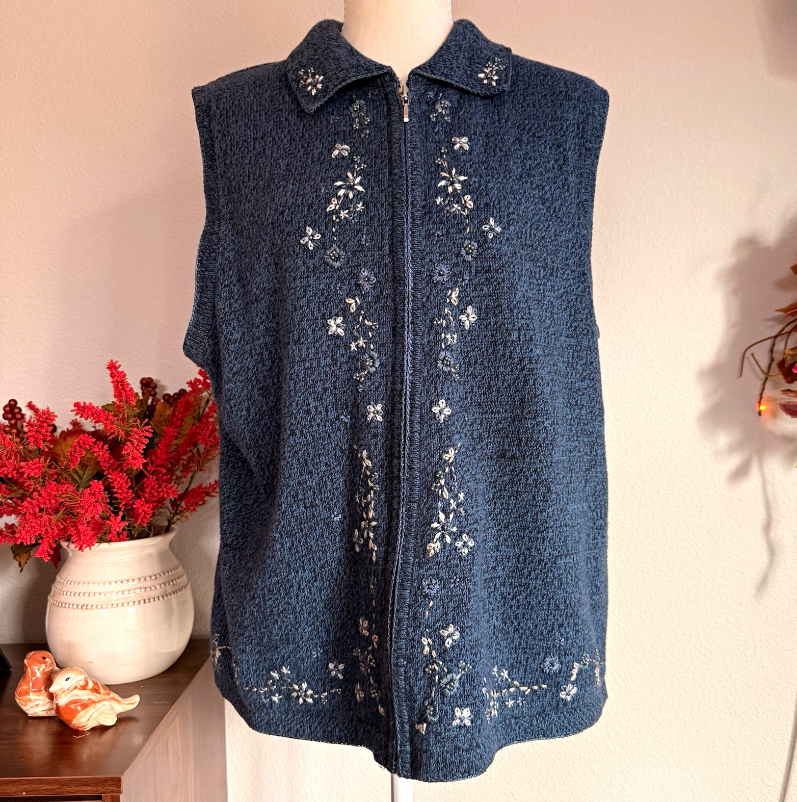 Classic Elements Blue Ramie Cotton Knit Full Zip Collared Floral Vest Women’s L