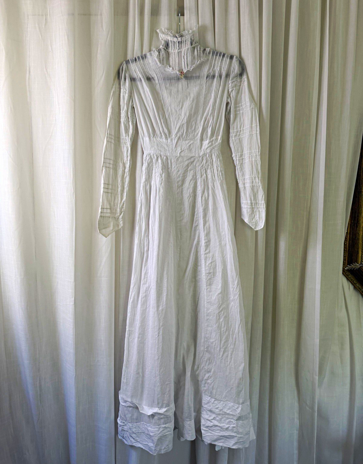 Antique Edwardian Cotton Lawn Tea Dress Pintucks Net Lace High Collar XXS 1900s