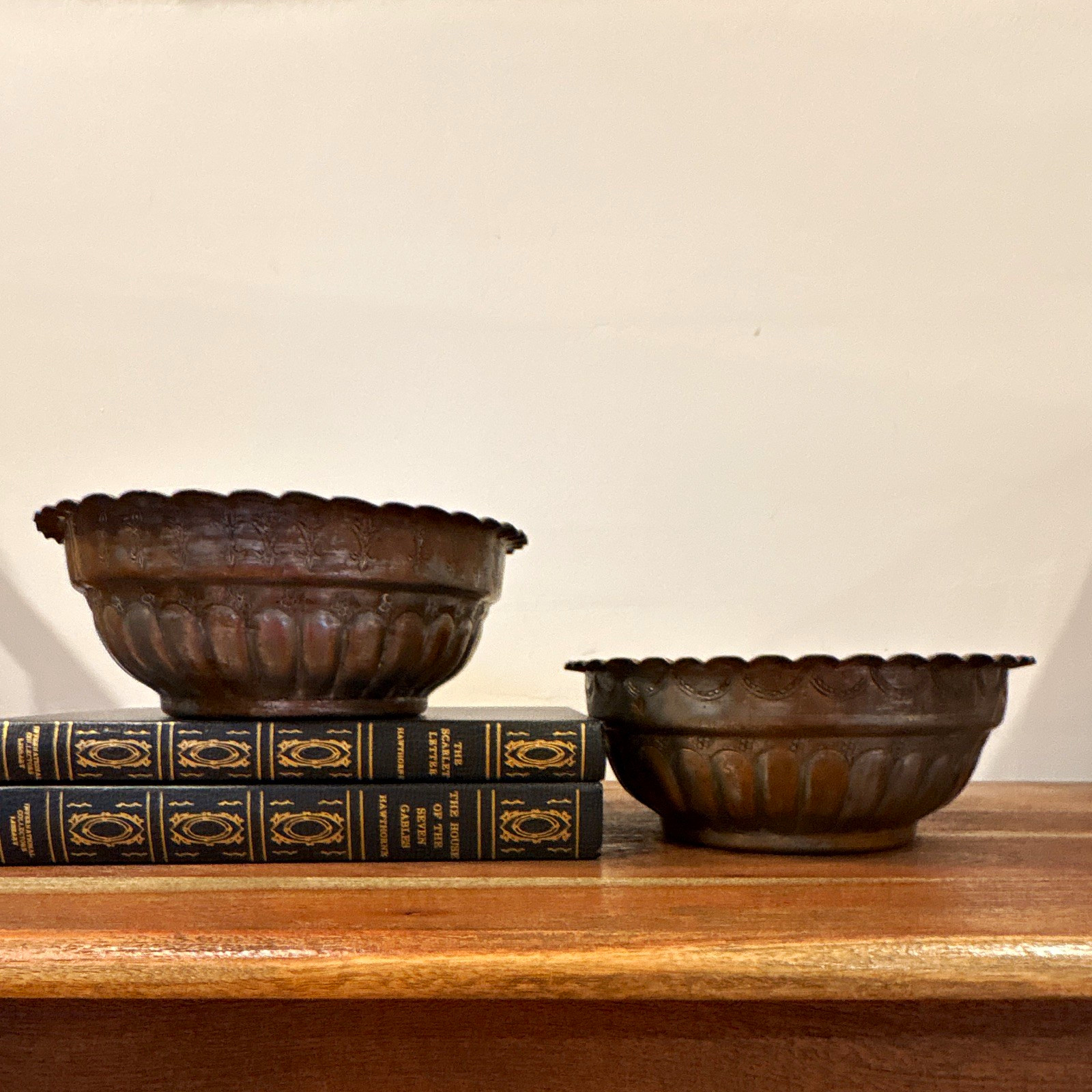 VTG, 1930’s, Pair of Heavy Pewter-Washed Copper Planters, Flower Frogs, Egypt VTG, 1930’s, Pair of Heavy Pewter-Washed Copper Planters, Flower Frogs, Egypt