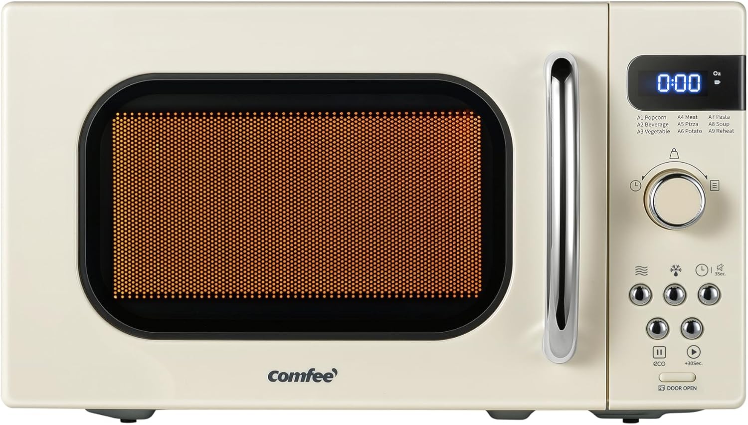 COMFEE\' Retro Mini Microwave Oven, Compact Size, 9 Preset Menus