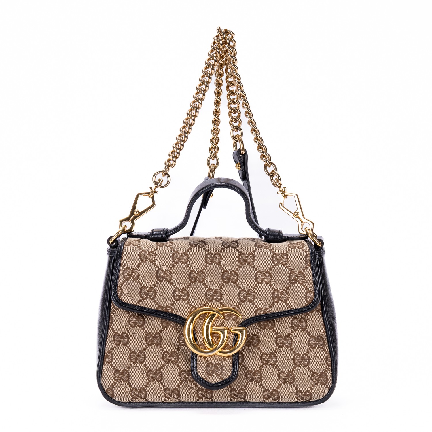 Gucci GG Marmont Beige GG Canvas Black Leather Top Handle Bag 583571