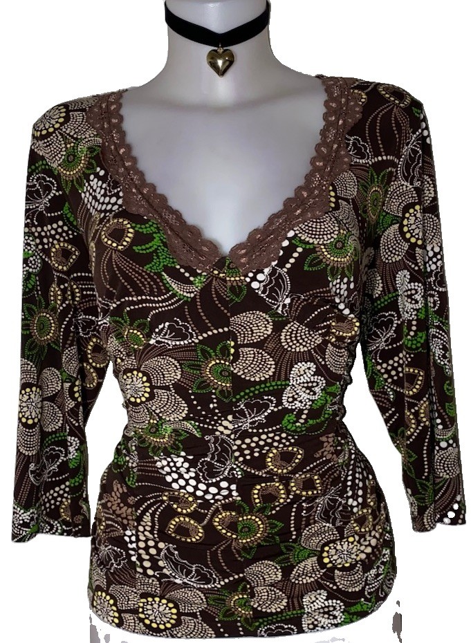 Y2k 90s Womens Brown Geometric Lace Babydoll Top Sz L Whimsigoth Coquette Kawaii