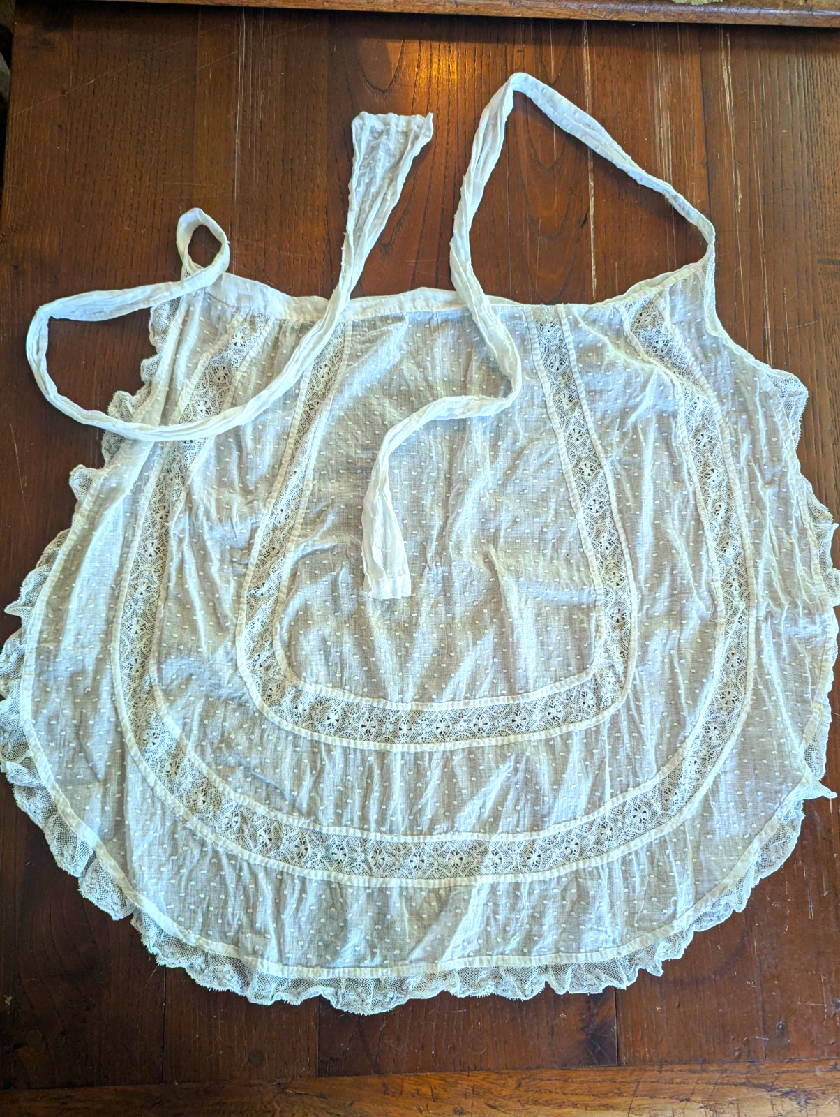 Antique Edwardian 1920s White Cotton Swiss Dot Insertion Lace Frilled Apron Antique Edwardian 1920s White Cotton Swiss Dot Insertion Lace Frilled Apron