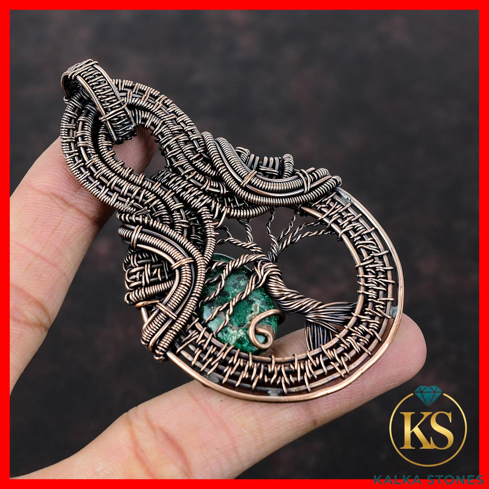 Natural Cuprite Chrysocolla Copper Wire Wrapped tree Of Life Birthday Pendant