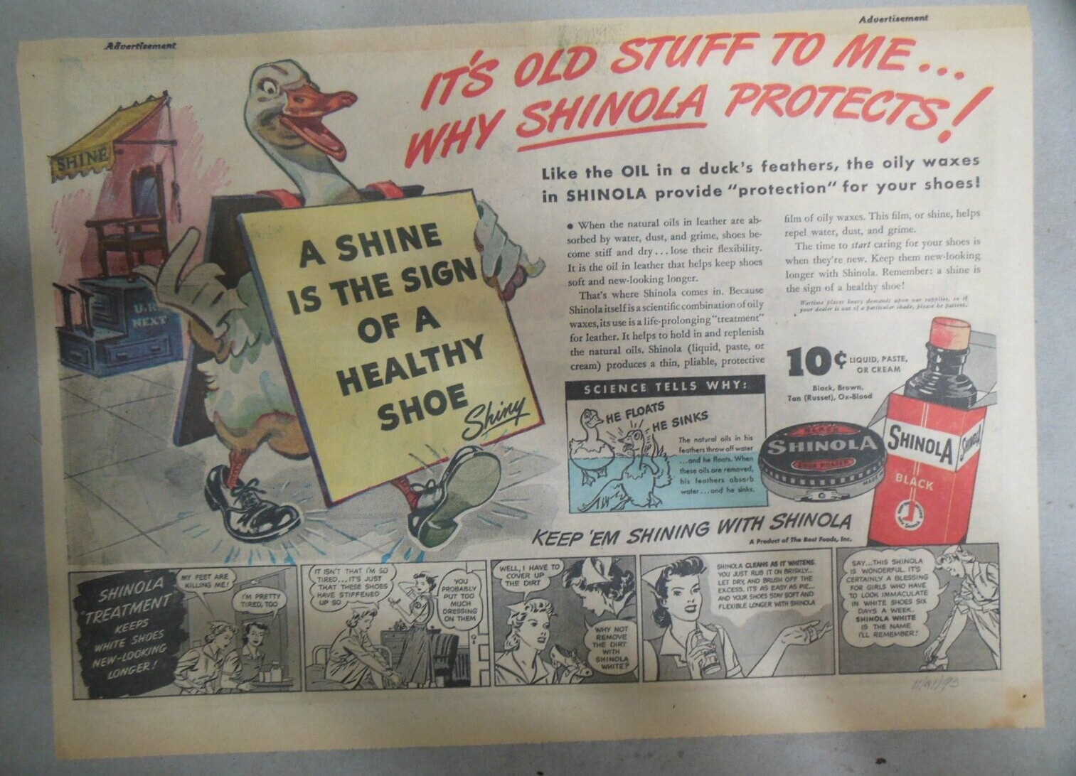 Shinola Shoe Polish Ad: Shiny The Duck for Shinola Shine 1930\'s 11  x 15 inches