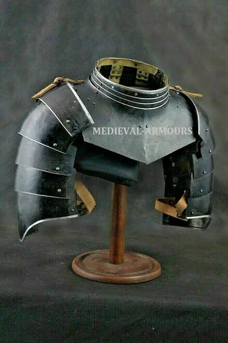 Medieval Hammered 18 Gauge Steel Blackened Pair Of Pauldrons With Gorget Armor Medieval Hammered 18 Gauge Steel Blackened Pair Of Pauldrons With Gorget Armor