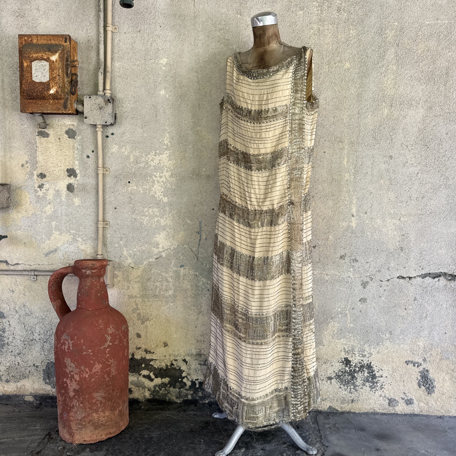 DEFECTIVE Antique 1920s White Silk Silver Lam Dress Beading Secret Code G3D DEFECTIVE Antique 1920s White Silk Silver Lam Dress Beading Secret Code G3D