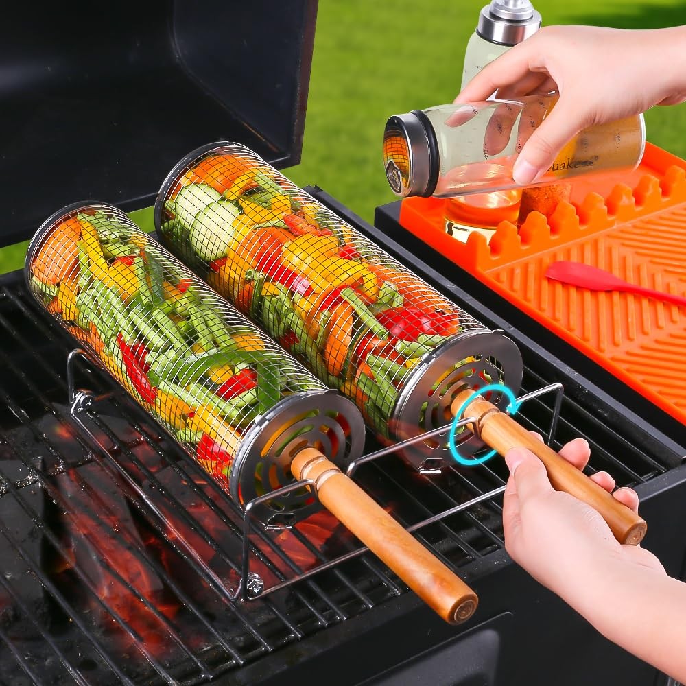 Rolling Grill Baskets (2PCS), Removable Wooden Handle, 304 Stainless Steel, N...